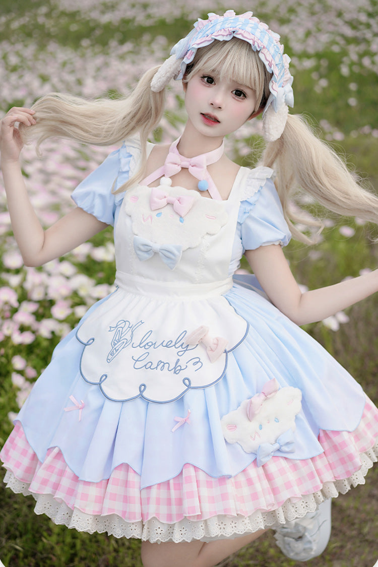 Blue/Pink [Lamb Story] Short Puff Sleeves Double-Layered Plaid Print Ruffle Bowknot Sweet Lolita Jsk Dress Set