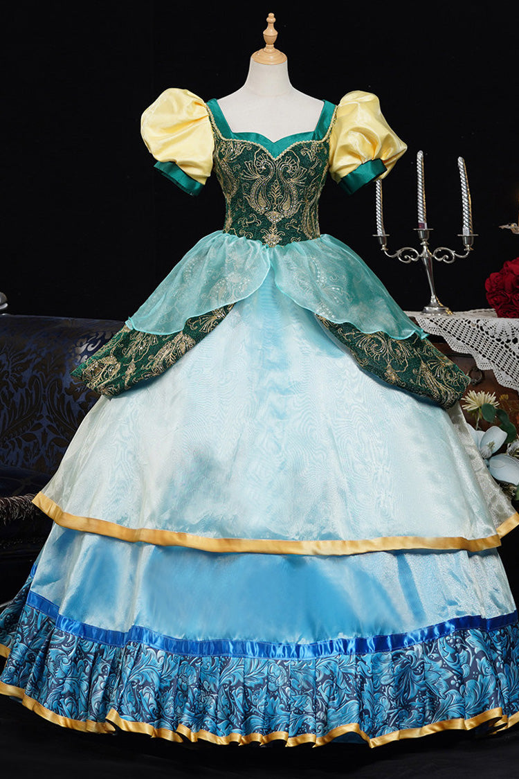 Blue/Green Square Collar Short Lantern Sleeves Multi-Layered Ruffled Embroidered Lace Gothic Vintage Princess Palace Lolita Victorian Dress