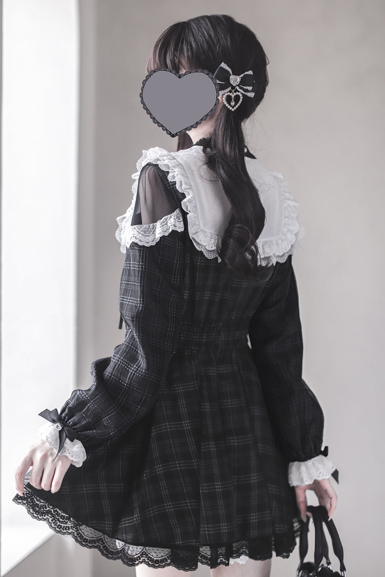 Black [Angel Heartbeat] Long Sleeves Plaid Print Ruffle Bowknot Lace Sweet Jirai Kei Japanese Dress