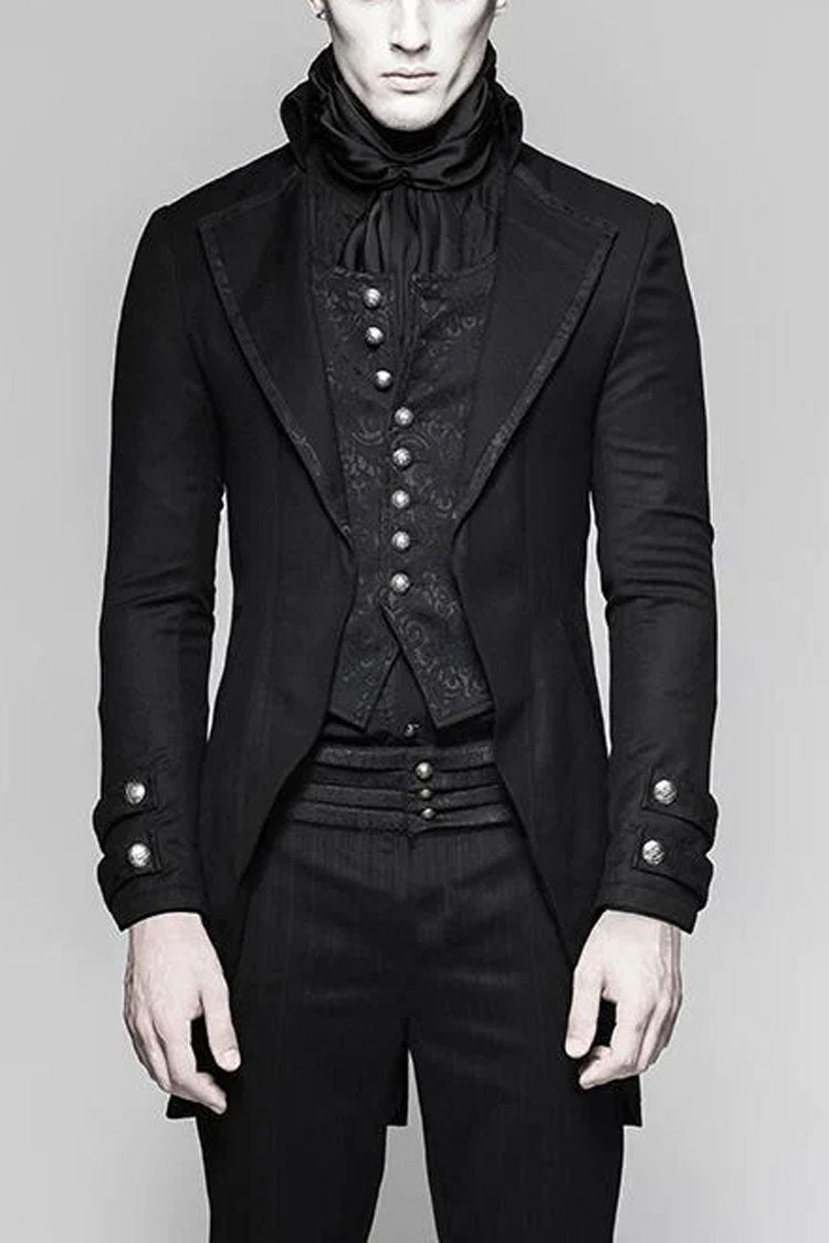 Black Fake Two-Pieces Metal Button Long Sleeves Jacquard Print Mens Gothic Coat