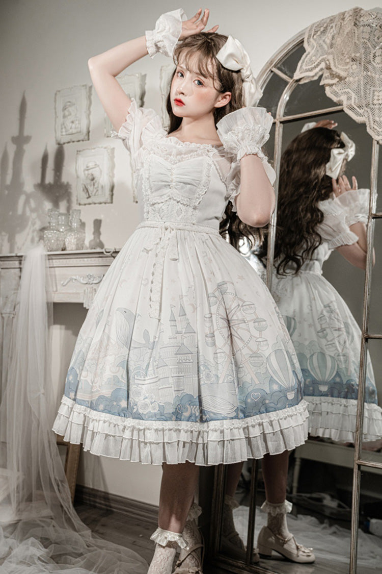 White Ruffle Short Sleeves Whale Paradise Print Sweet Lolita Dress Set