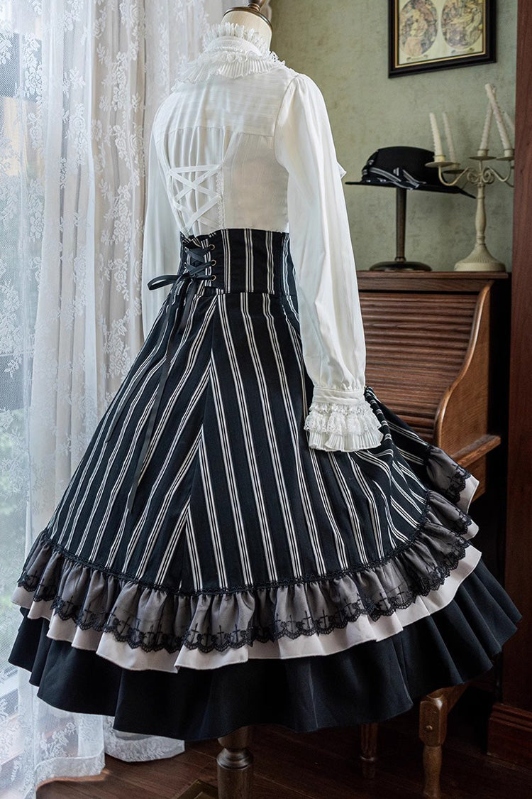 Black Point Manor Multi-layer Striped Print Ruffle Gothic Lolita Skirt