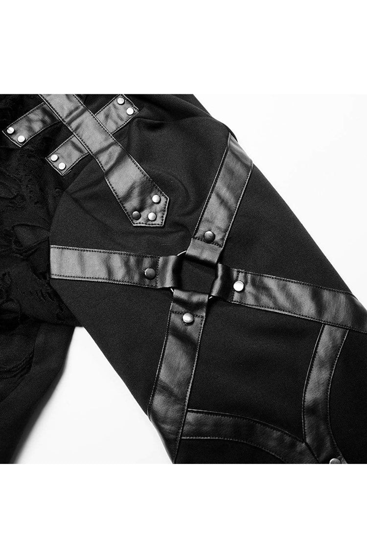Black Long Sleeve Leather Strap Decoration Broken Holes Knit Men's Punk T-Shirt