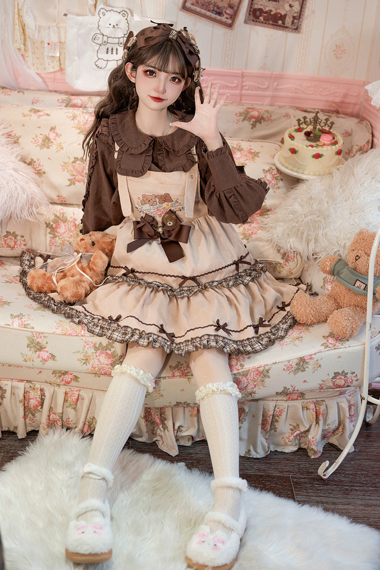 Khaki [Cute Bear] Embroidery Print Sleeveless Double-Layered Ruffle Bowknot Sweet Lolita Jsk Dress
