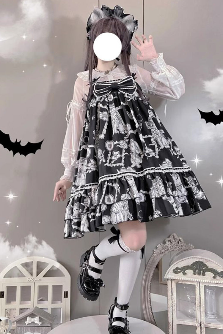 Black Wolf Detective Print Ruffle Bowknot Sweet Lolita Jsk Dress