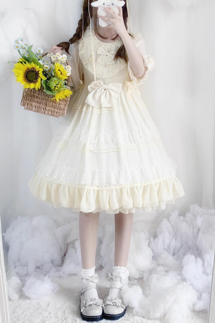 Beige Lace Cool Angel Short Sleeves Bowknot Ruffle Sweet Lolita Dress