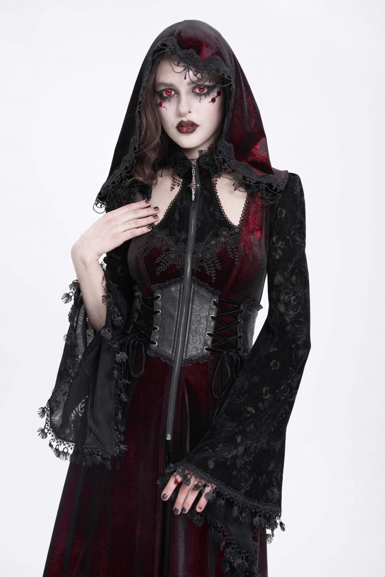 Red Long Sleeves Hollow Embroidery Hooded Ripped Women's Gothic Dress Coat