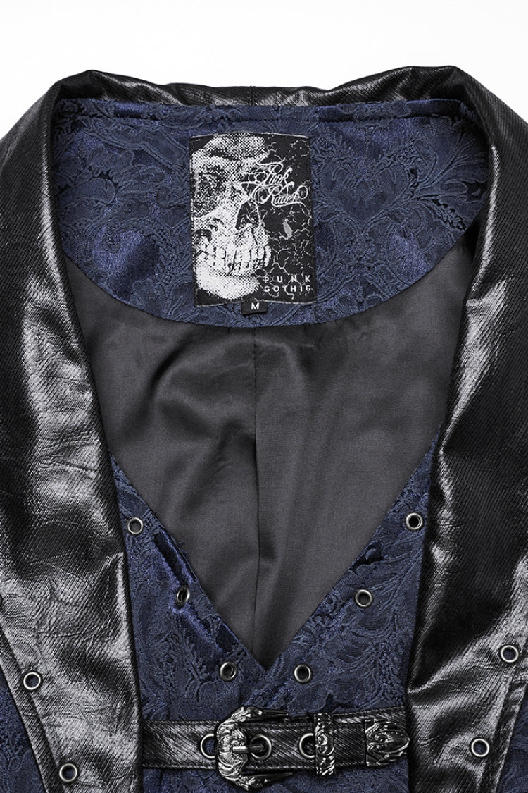 Black/Blue Lapel V-neck Sleeveless Jacquard Buckle Men's Gothic Vest
