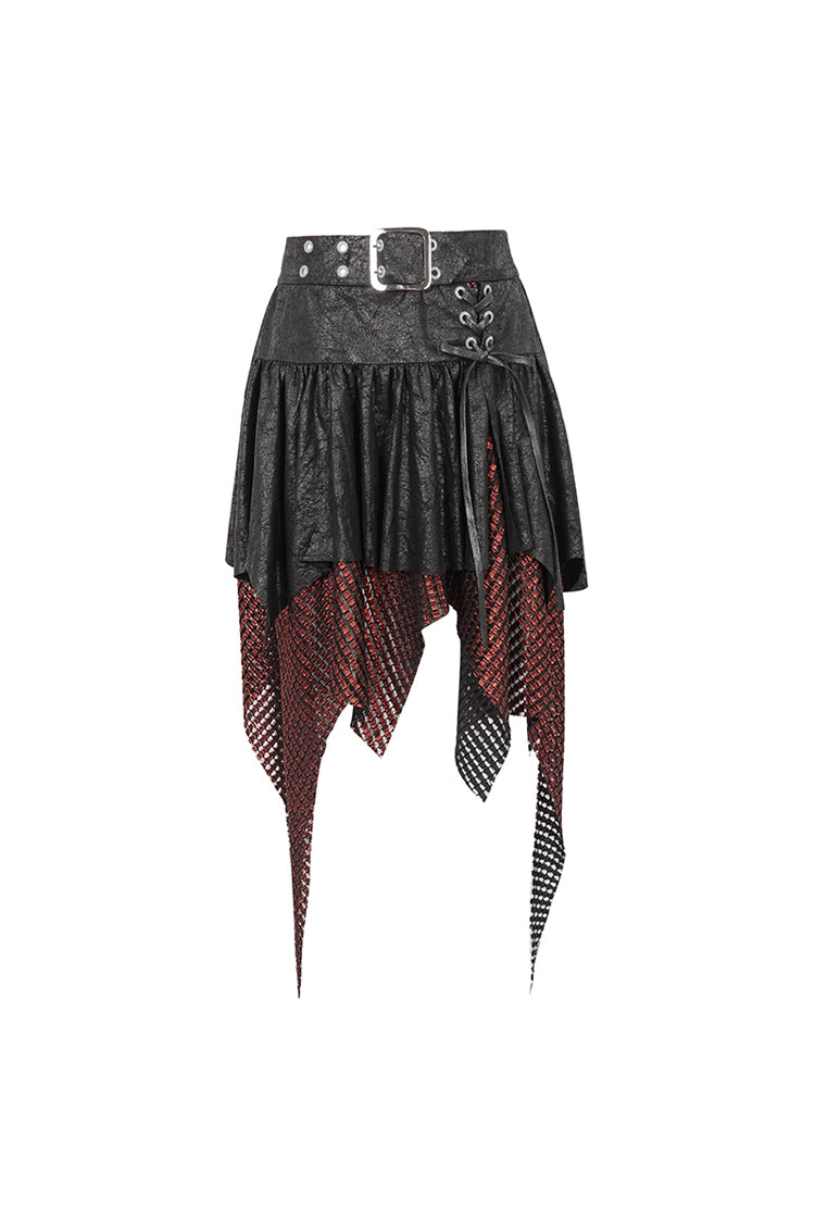 Red/Black Lrregular Mesh Splice Buckle Women's Gothic Skirt