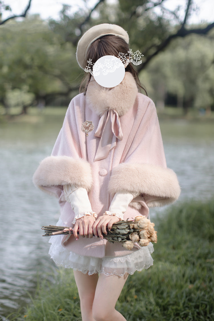 Pink Long Sleeves Lace Sweet Japanese Lolita Fluffy Cloak Coat