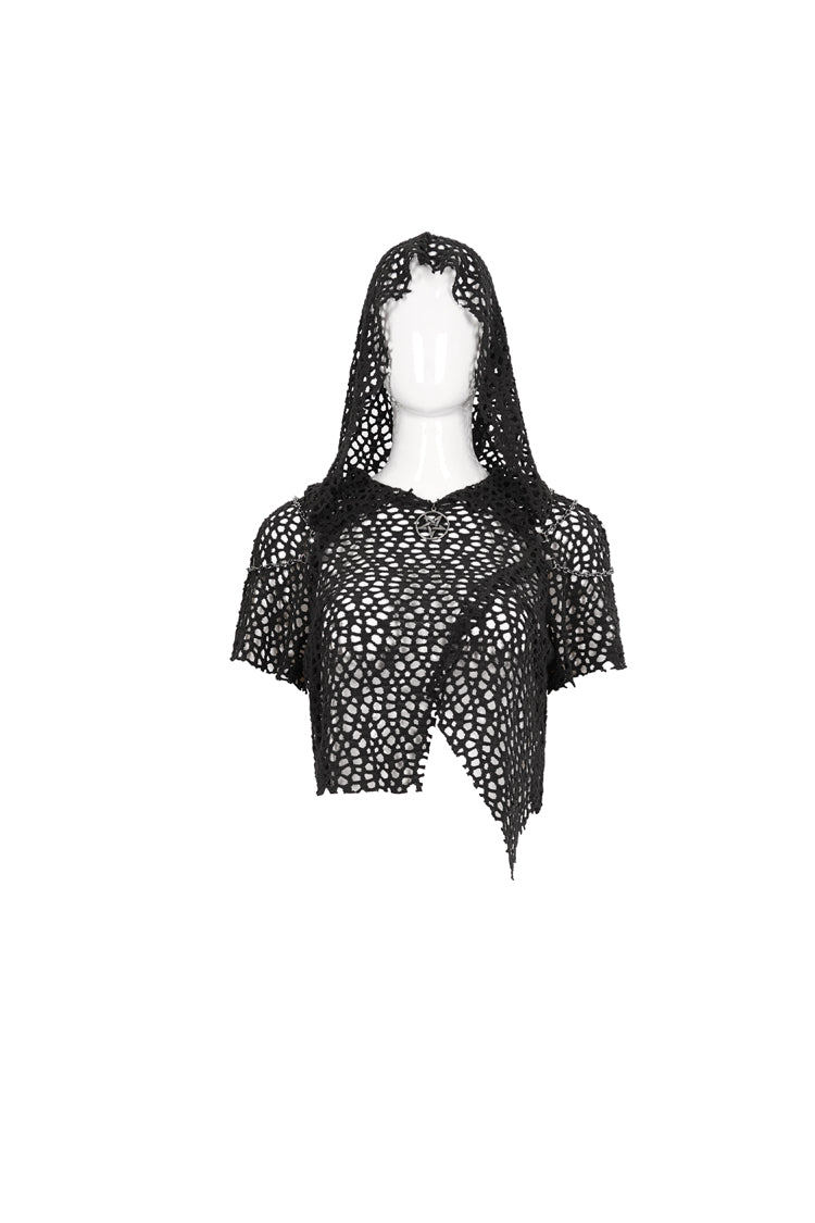 Black Cutout Hood Irregular Hem Aluminium Chain On Shoulder Short Sleeve Women's Punk T-Shirt