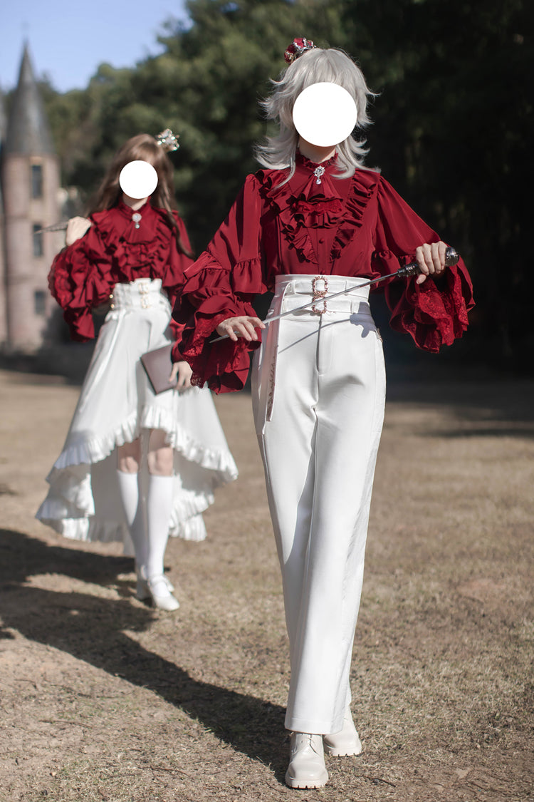 White [Day and Night Song] Long Sleeves Ruffle Ouji Gothic Lolita Skirt Pants