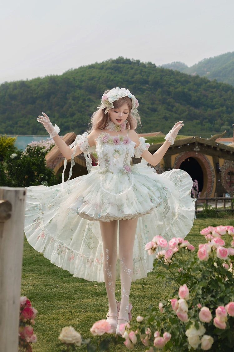 Green [Spring Rose] Sleeveless Multi-Layered Bowknot Lace-Up Fishbone Sweet Lolita Jsk Dress