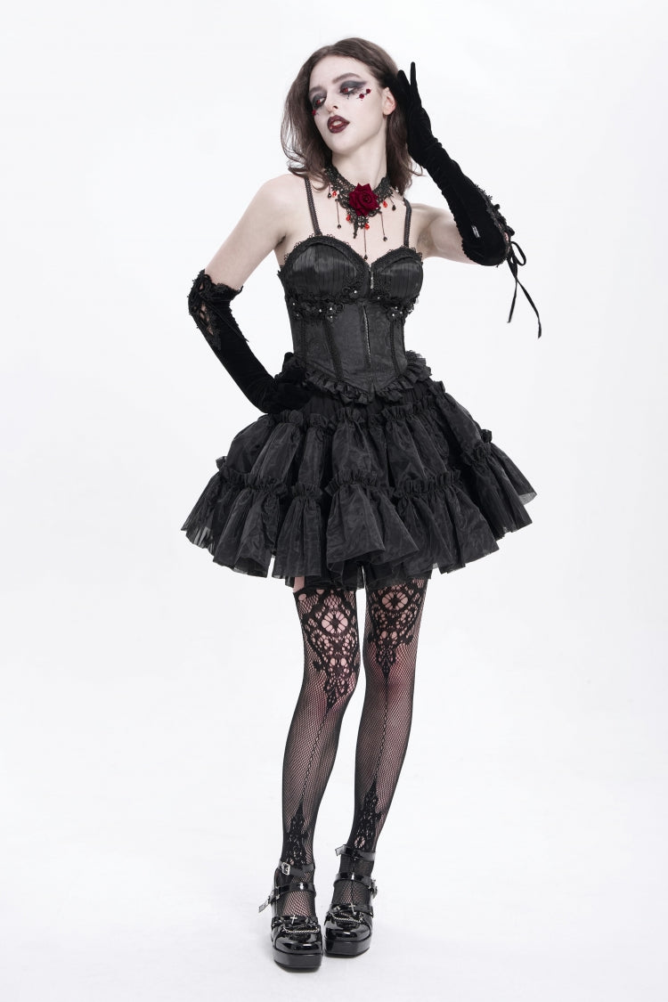 Black Sleeveless Ruffle Embroidery Lace-Up Women's Gothic Tank Top
