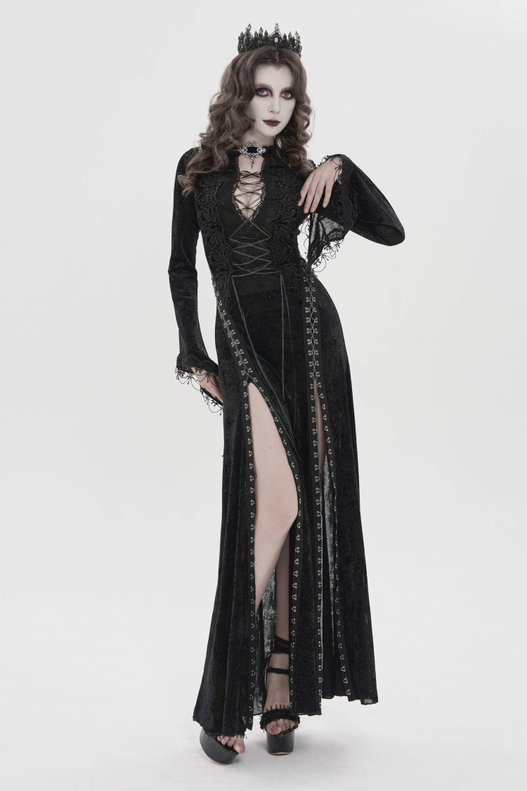 Hanayome – robe gothique noire à lacets, col licou, manches longues trompette, en dentelle, Slim, décorée de chaînes, pour femmes, robe Maxi plongeante fendue
