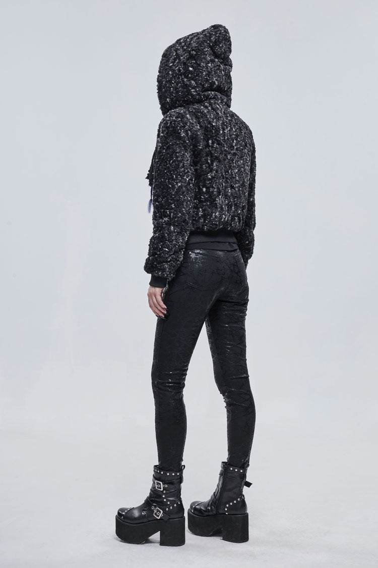 Black/White Two Tone Woolen Grain Fleece Metal Five Pointed Star Zipper Women's Punk Coat