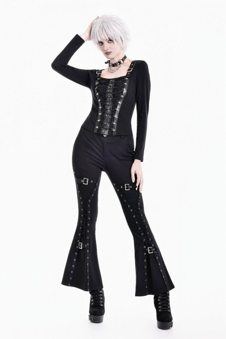 Schwarzes Punk-Top mit quadratischem Ausschnitt und langen Ärmeln, Korsett-Taille, Schnürung und Schnallenriemen für Damen