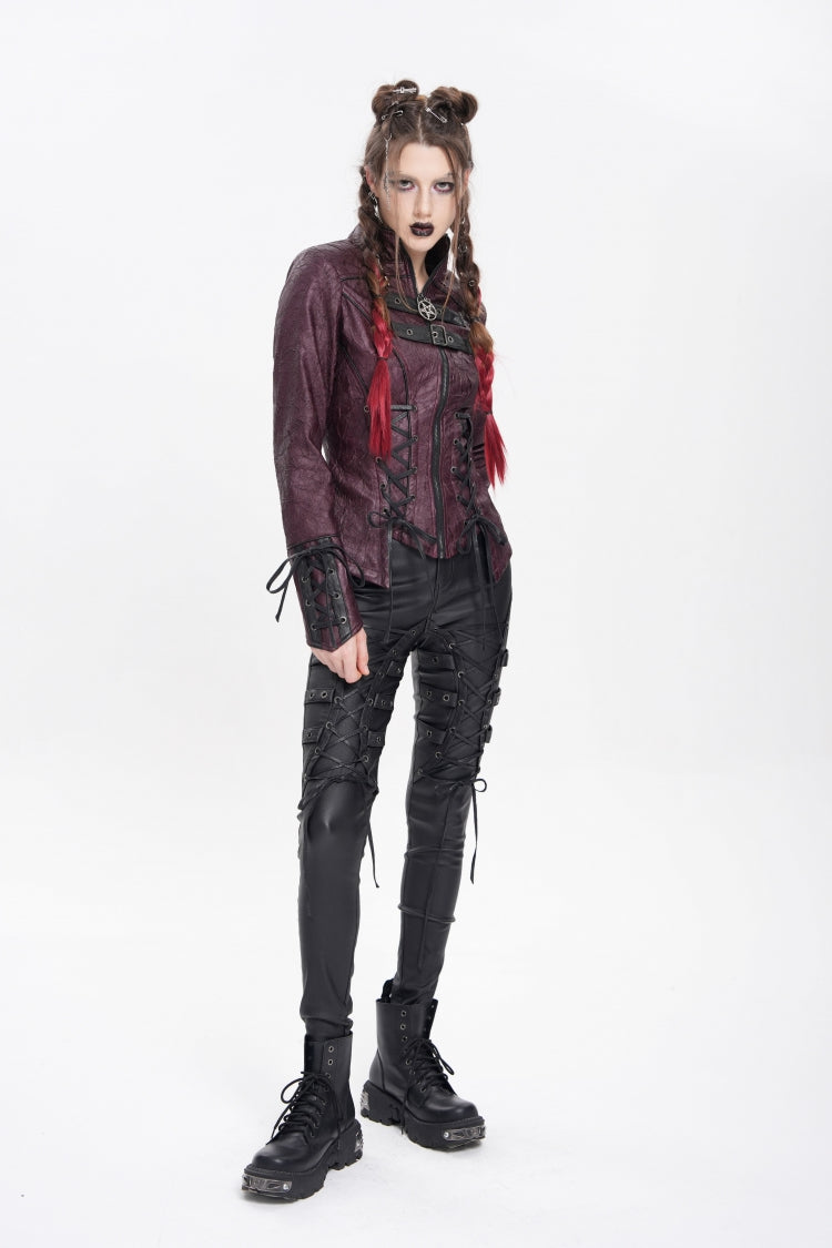 Red Pentacle Lace-Up Buckle Women's Punk Jacket