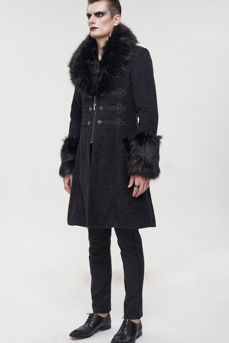 Black Gothic Vintage Button Decoration Removable Fur Collar Men's Coat