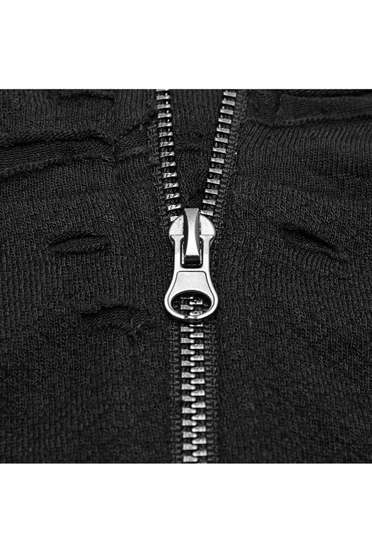 Schwarzes Punk-T-Shirt für Damen mit langen Ärmeln, hohem Kragen, ausgehöhltem Riemen vor der Brust, unregelmäßigem Saum, gebrochenen Löchern und gespleißtem Netzstoff