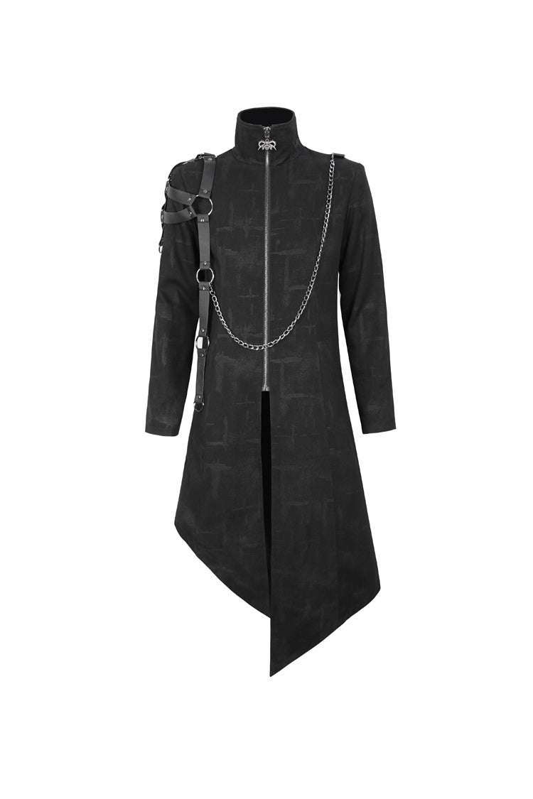 Black Stand Collar Asymmetric Hem Matching Shoulder Strap Long Men's Gothic Coat