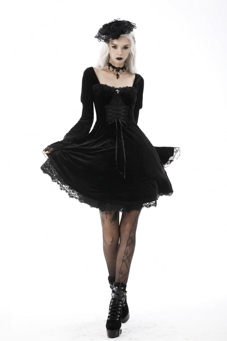 Black Square Collar Cross Decor Long Puff Bell Sleeves Lace Front Lace-Up Women's Gothic Velvet Dress