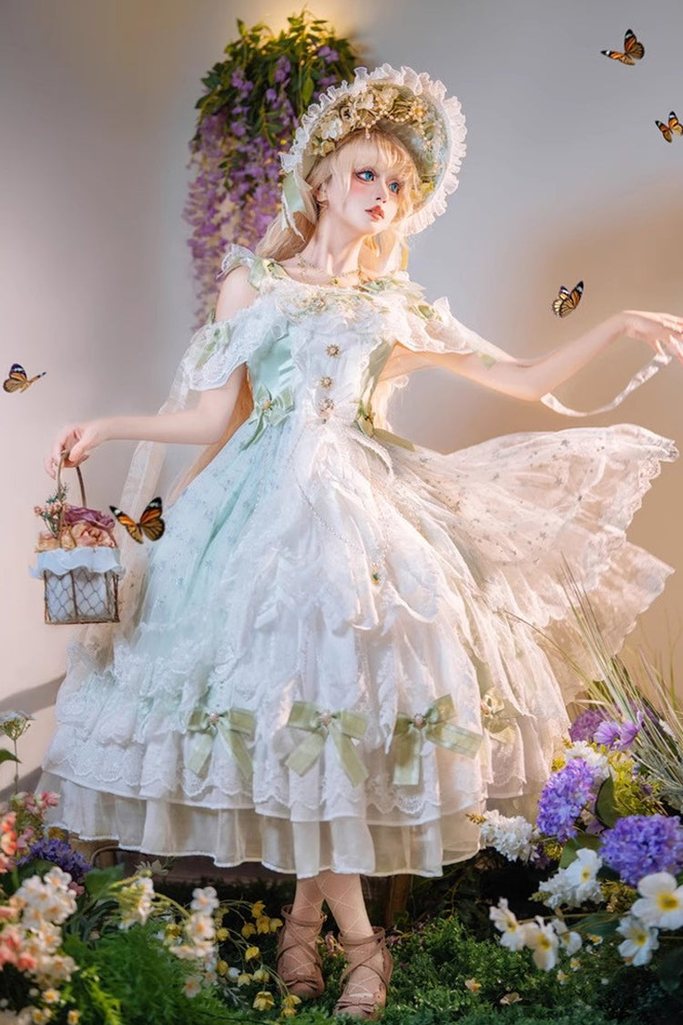 Green [Glazed Phantom] Off Shoulder Ruffle Hanayome Bowknot Lace Sweet Elegant Lolita Dress