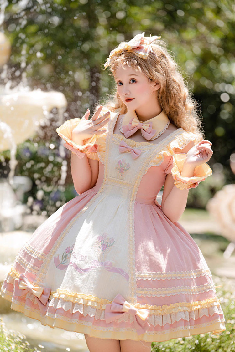 Pink Short Sleeves Tulip Print Ruffle Bowknot Sweet Lolita Dress