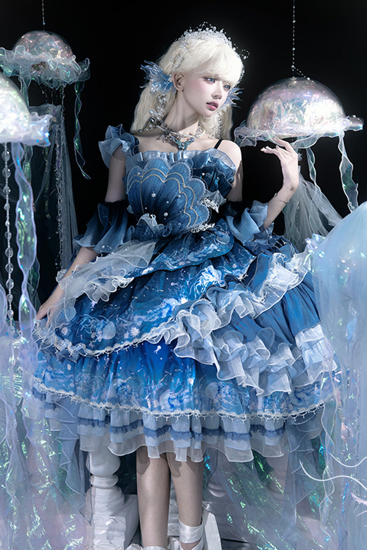 Blue [Jellyfish] Gradient Print Ruffle Embroidery Bowknot Lace Asymmetric Sweet Elegant Lolita Jsk Dress