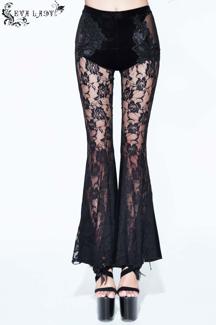Black Side Bead Chain Flowers Splice Rose Pattern Lace Embossed Women's Gothic Knitted Flare Trousers