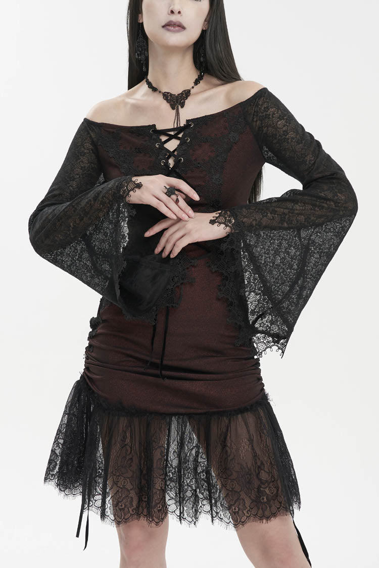Red Elastic Texture One-Shoulder Hem Splicing Lace Bell Sleeve Women's Gothic Dress