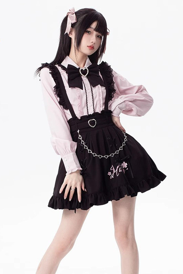 Black [Hatsune Miku] Ruffle Embroidery Lace-Up Jirai Kei Skirt