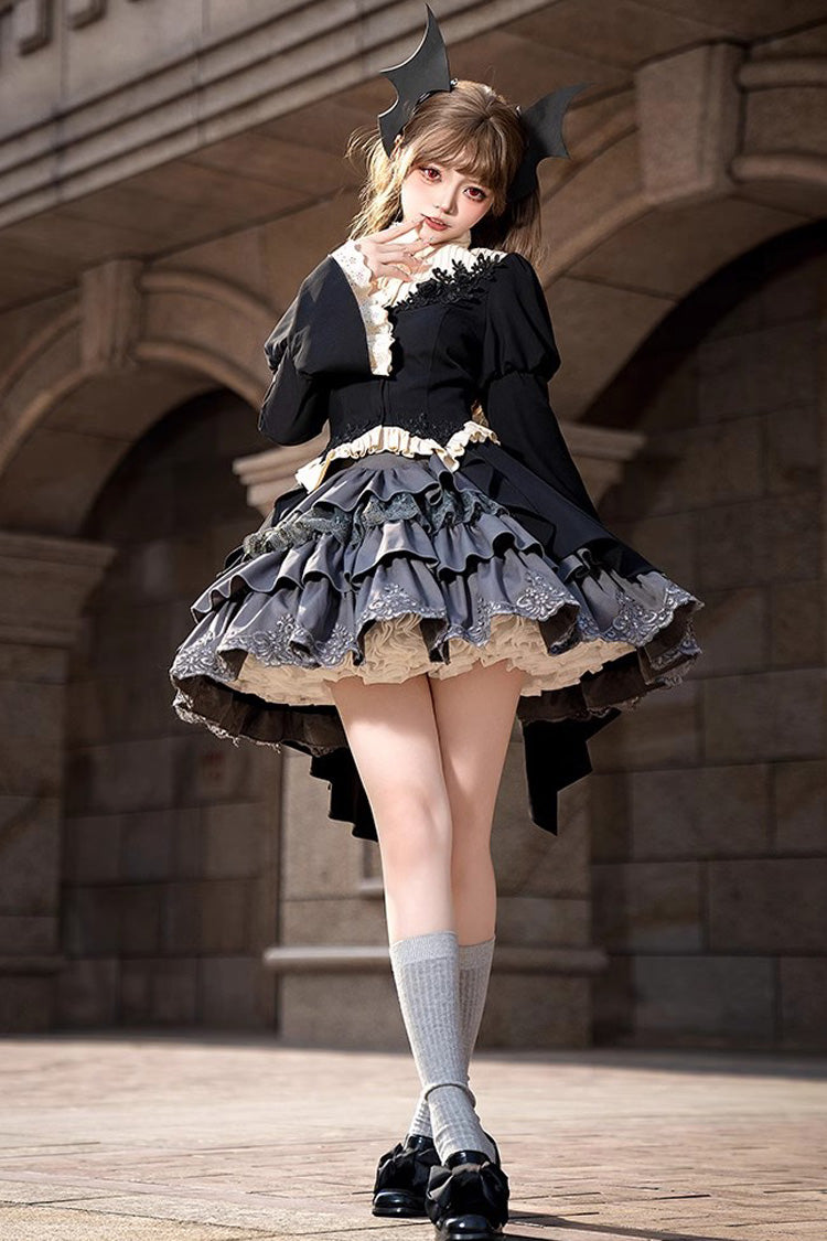Black [Eternal Night Feast] Multi-Layered Ruffle Lace Gothic Princess Lolita Top and Skirt Set