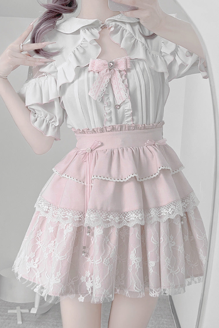 White/Pink Short Sleeves Triple-Layered Ruffle Bowknot Lace Jirai Kei Japanese Skirt Set