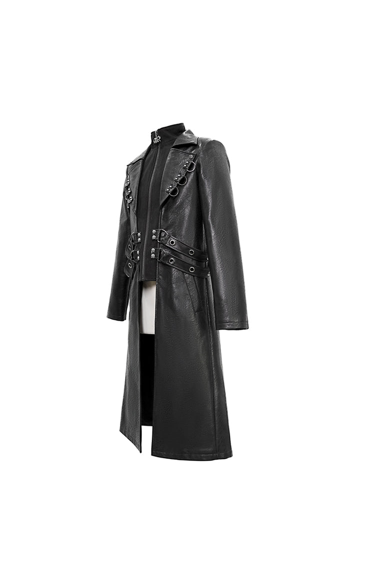 Black Stand Up Collar Waist Leather Hasp Leather Long Men's Punk Coat