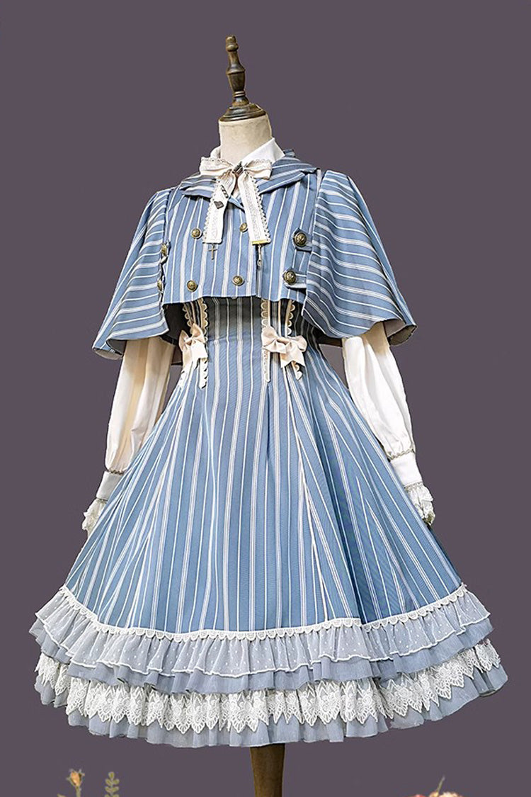 Blue Multi-layer Stripe Print Ruffle Sweet Lolita Jsk Dress