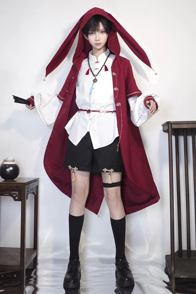 Red/White/Black Stand Collar Long Sleeves Rabbit Ears Hooded Sweet Chinese Style Prince Ouji Lolita Robe Blouse Shorts Set