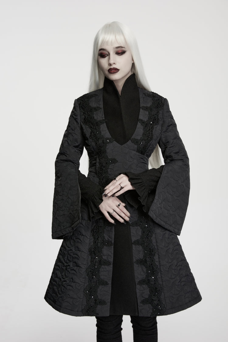 Manteau royal gothique noir à col montant et manches longues brodé asymétrique en faux deux pièces pour femmes