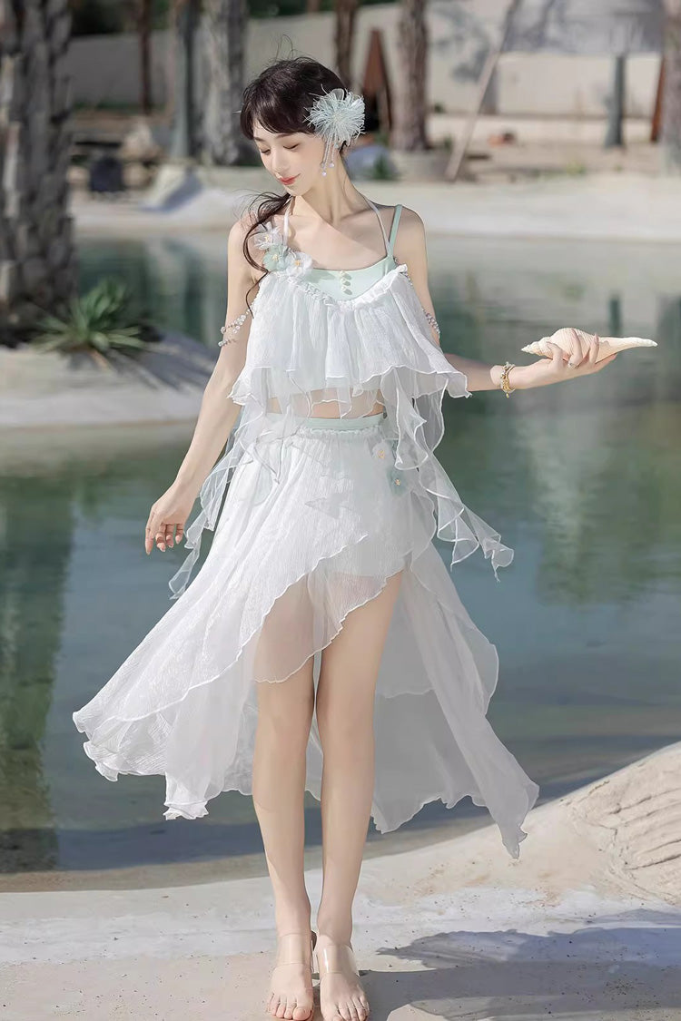 Ensemble de maillot de bain trois pièces en dentelle douce Lolita pour femmes, blanc, sans manches, plage d'été