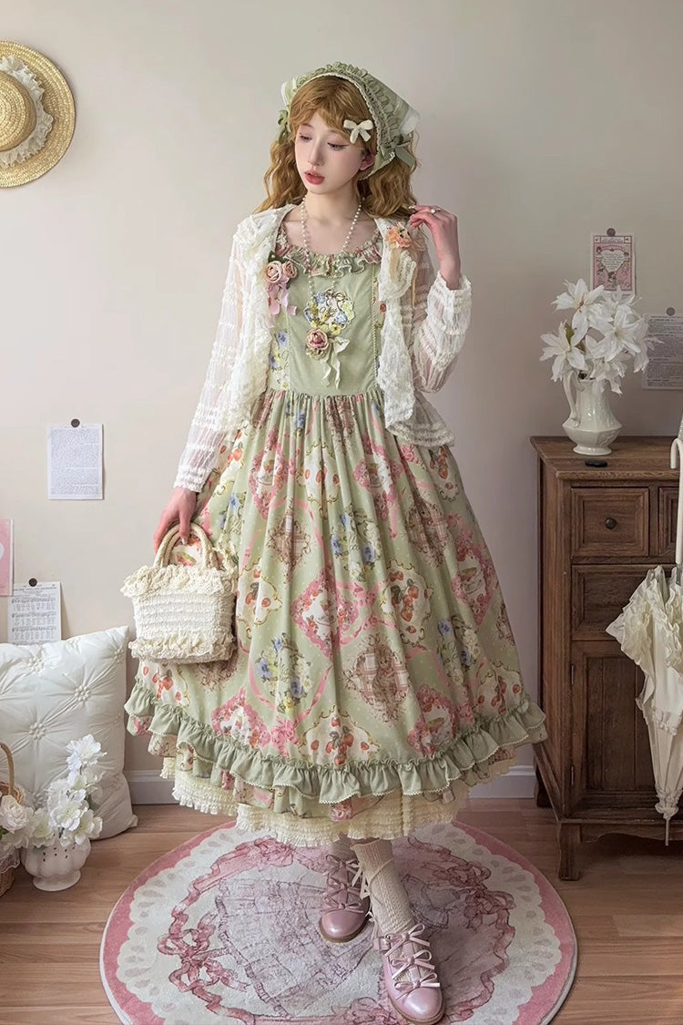 Robe Jsk Lolita Douce Sans Manches Imprimée à Volants et Nœud Papillon [Thé Rose Chat Vert] 