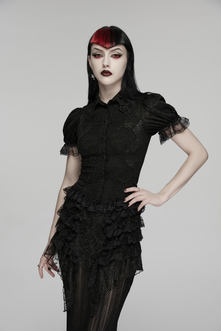 Chemisier gothique noir à col à revers, manches courtes bouffantes, dentelle découpée à lacets, Slim pour femmes