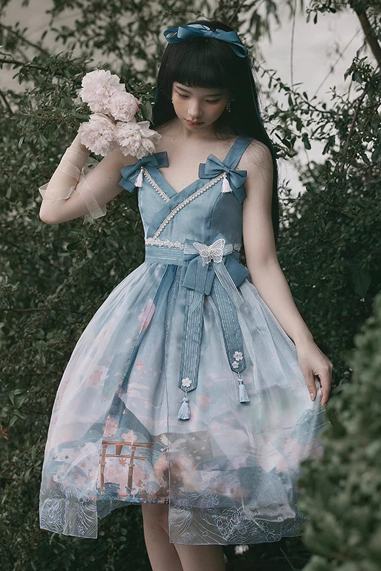 Multi-Color Mount Fuji Cherry Blossom Season Print Bowknot Alice Sweet Lolita JSK Dress