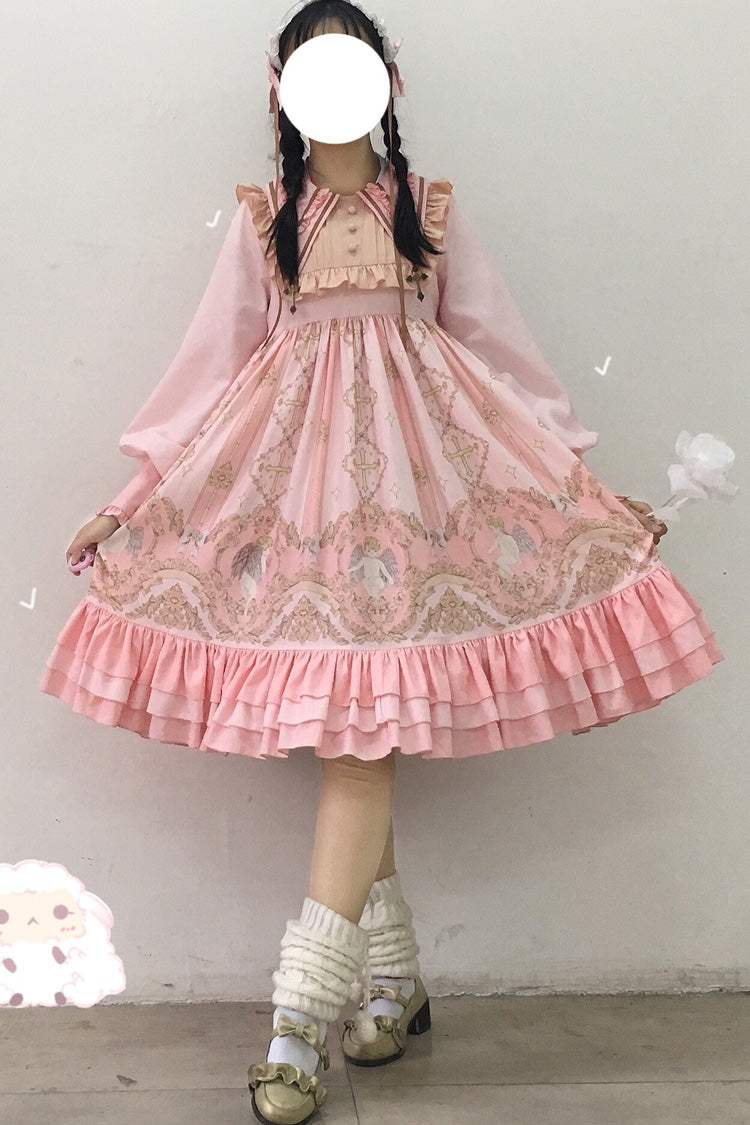 [Angel's Redemption] 長袖 エンジェルプリント フリル 蝶結び スイート ロリータ ドレス 3色