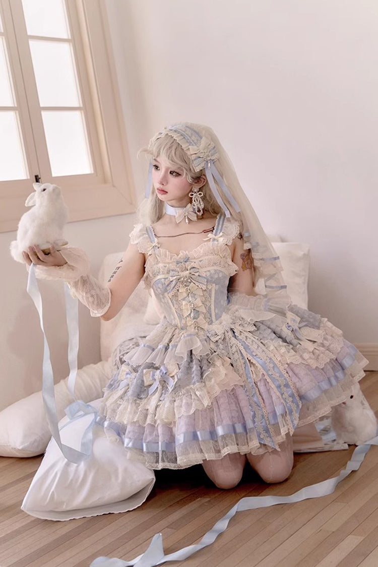 Blue [Moonstone] Sleeveless Ruffle Embroidery Bowknot Lace Fishbone Sweet Princess Lolita Dress