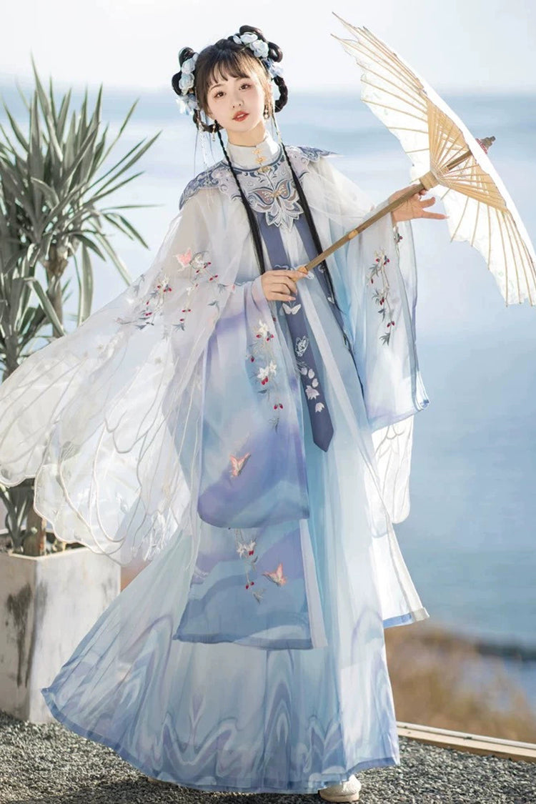 Blue Long Sleeves High Waisted Embroidery Women's Classic Chinese Style Hanfu Dress Full Set