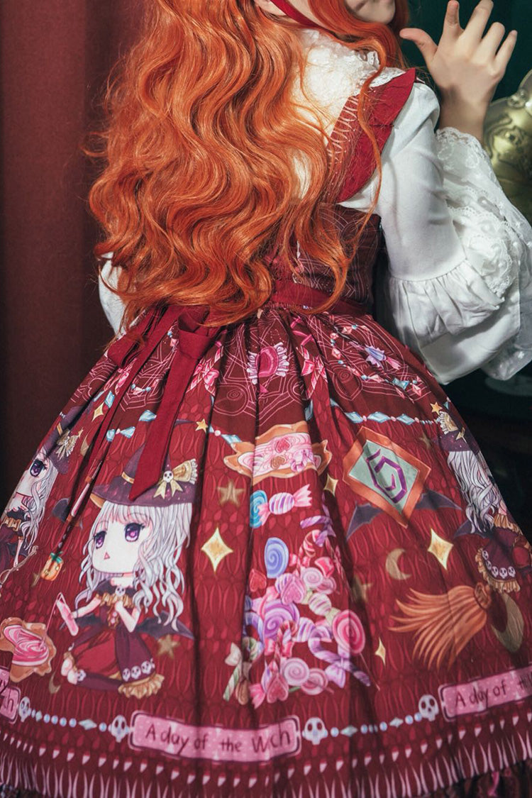 Robe Jsk Lolita élégante et douce à nœud papillon à volants imprimés sans manches [Petite Sorcière] rouge 