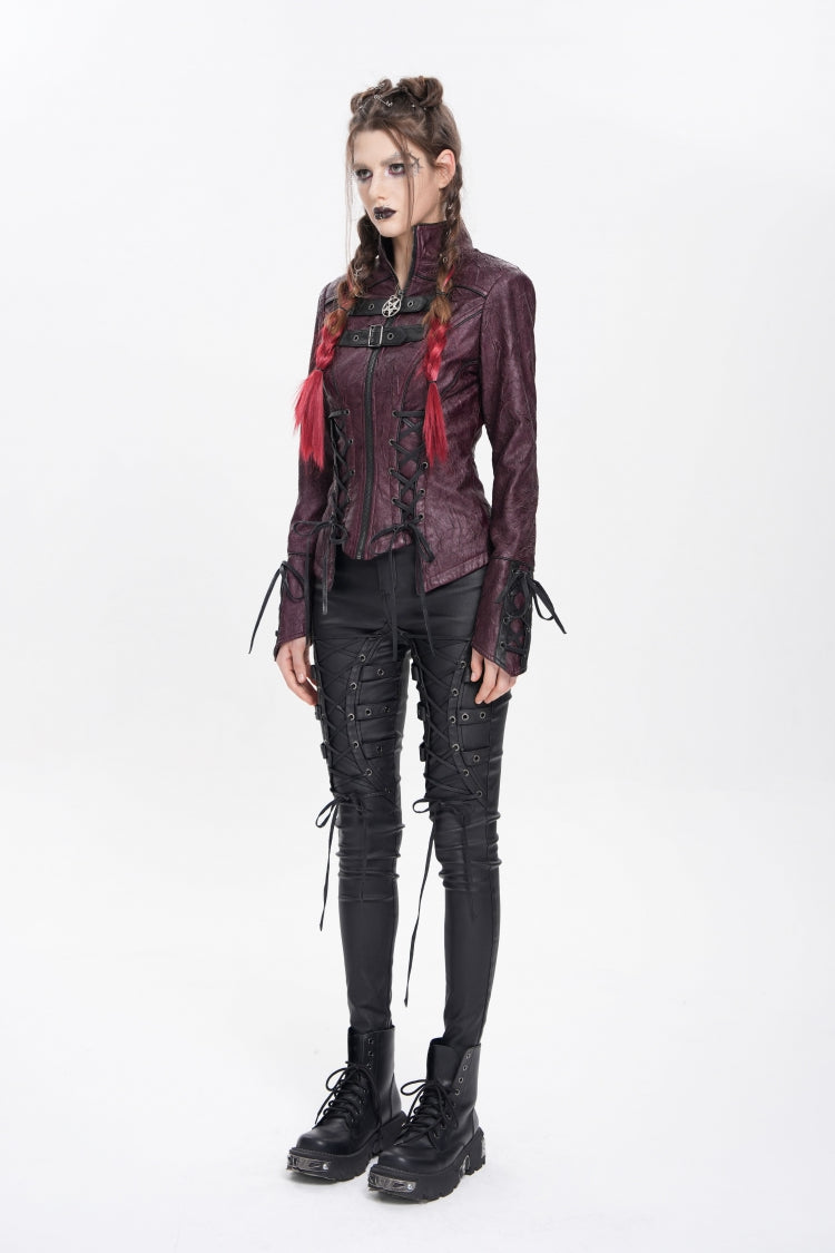 Red Pentacle Lace-Up Buckle Women's Punk Jacket