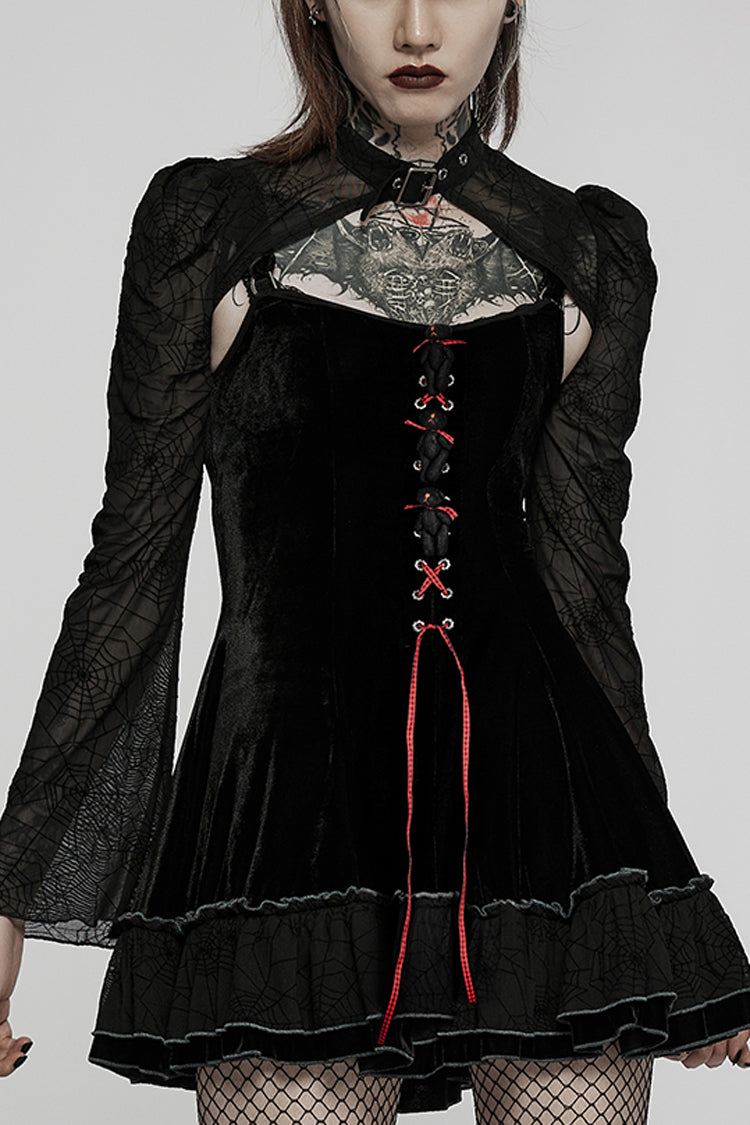 Black Long Sleeves Ruffle Stitching Lace Two Pieces Women's Gothic Dress