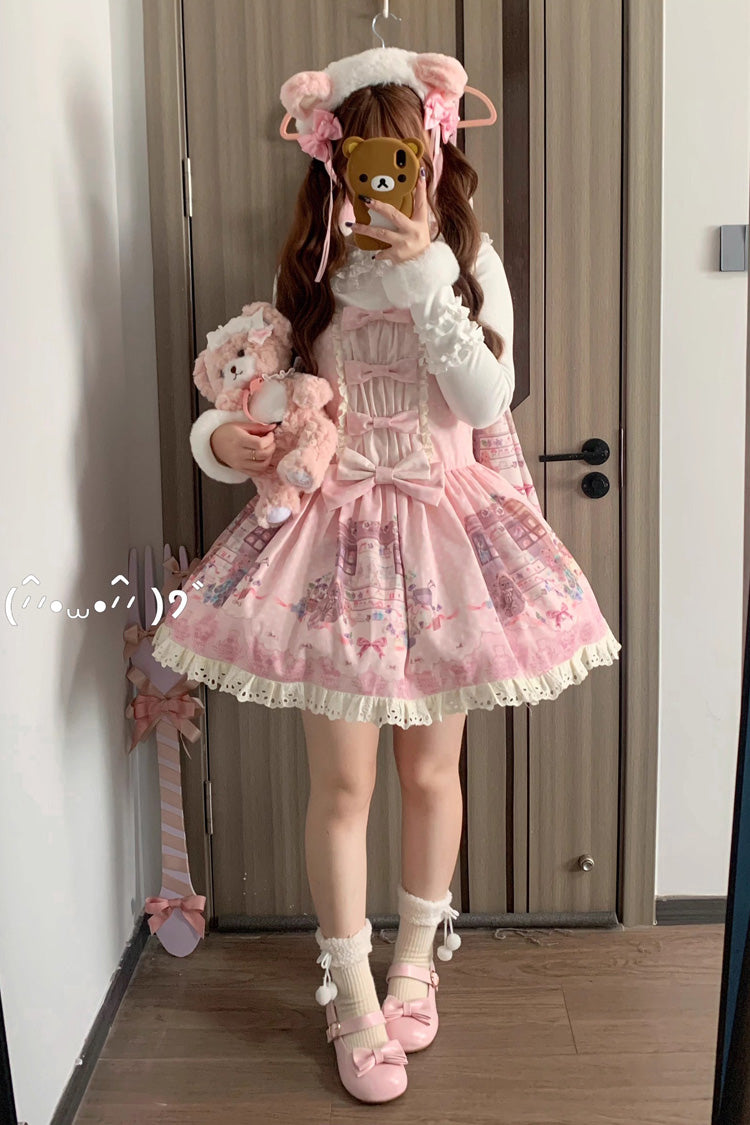 Pink [Little Bear Shop] Print Sleeveless Bowknot Lace Sweet Princess Lolita Jsk and Strap Dress