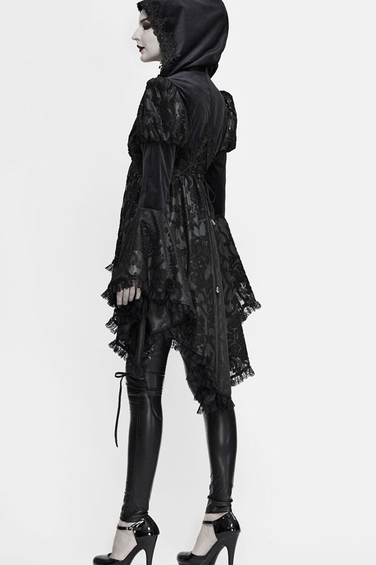 ブラックニットベルベットフード付きフロント胸デカールメタルレトロボタンレース袖口女性のゴシックコート